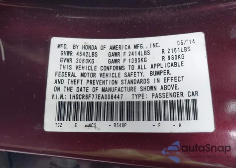 2014 Honda Accord Hybrid Touring from USA, damaged, VIN 1HGCR6F77EA008447
